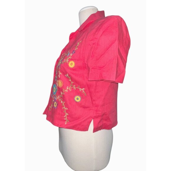 John Roberts Petite Pink Linen Button-Up Blazer Blouse Sz 6 Petite Floral Embroi - Picture 8 of 11